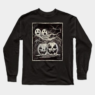 Pumpkin face scary with ghosts and full moon, vintage effect cute Halloween in dark atmosphere Long Sleeve T-Shirt